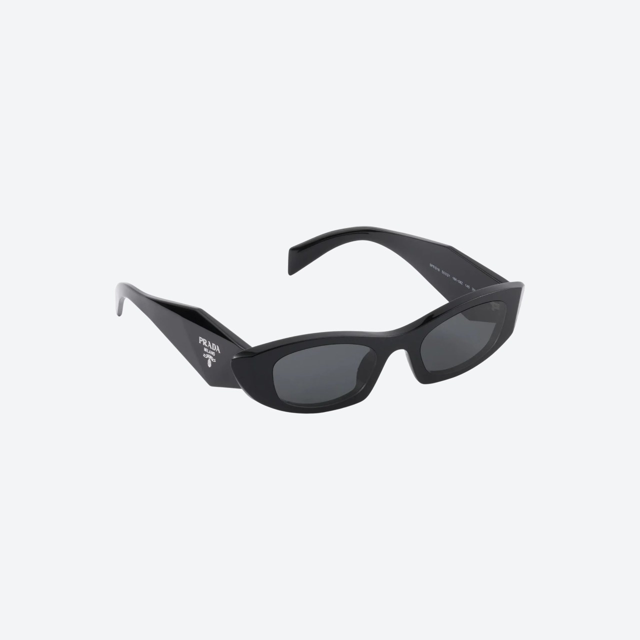 Prada Symbole Black Wrap sunglasses with slate gray lenses, front angle